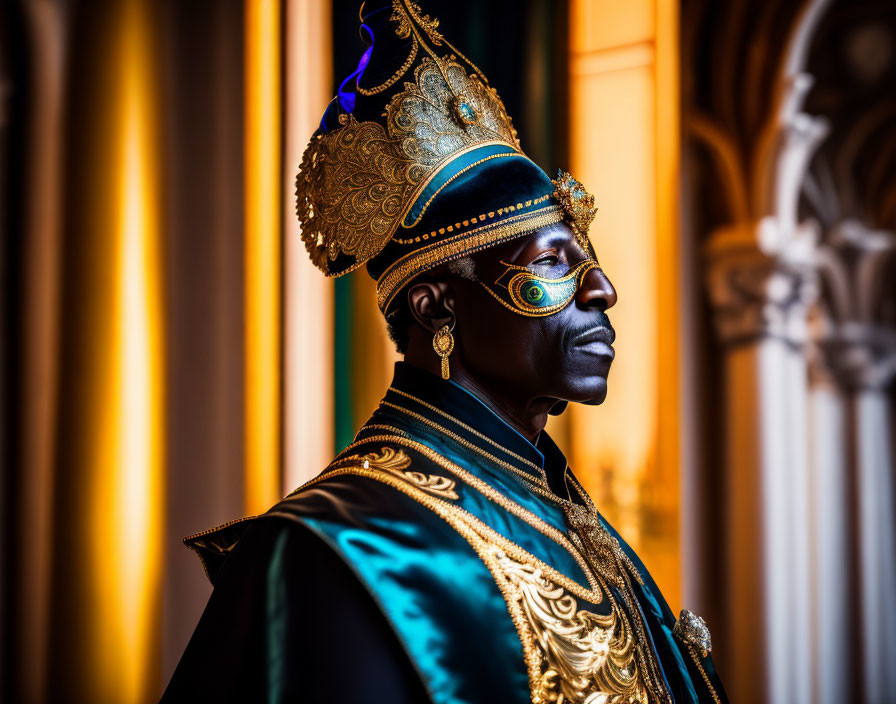 Regal attire person with crown and face paint against ornate backdrop