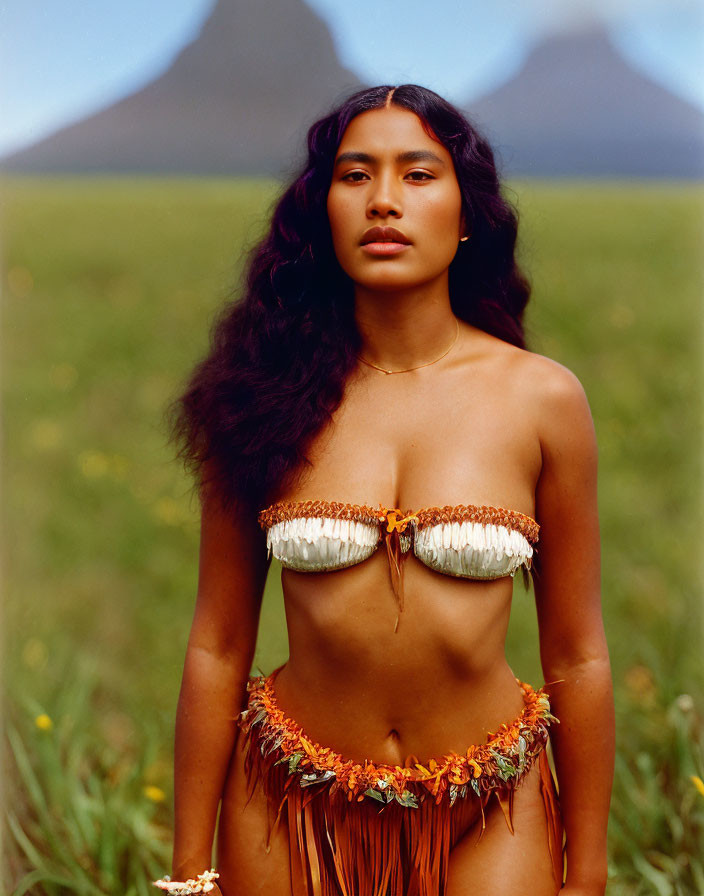 Exoticly dressed woman in field with mountain peaks background