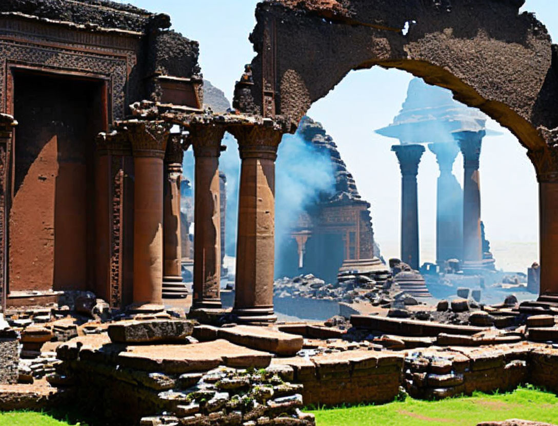 Ancient ruins with arches and columns under clear blue sky