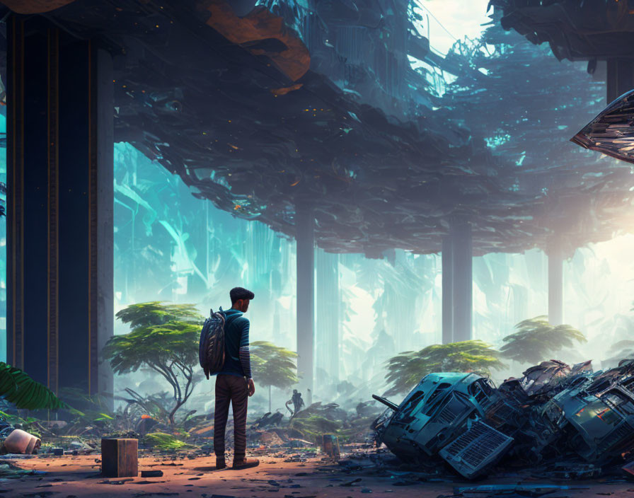 Futuristic forest scene with crashed spaceship and person in backpack