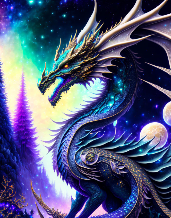 Majestic dragon with wings and horns in cosmic setting