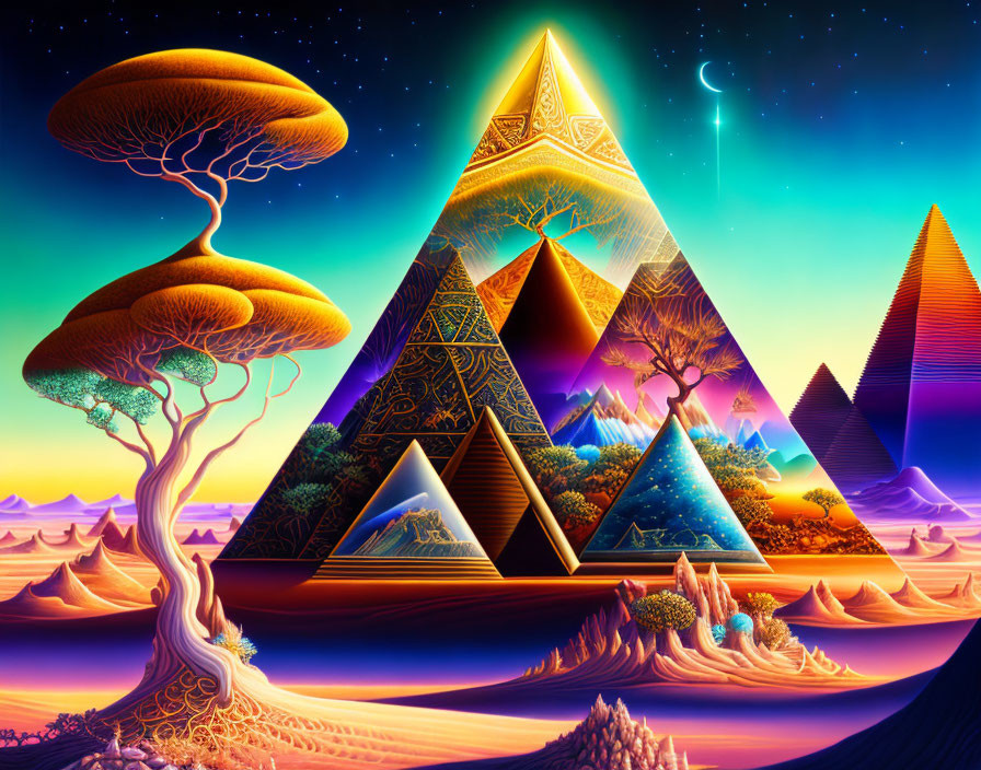 Surreal landscape with stylized trees and pyramid shapes