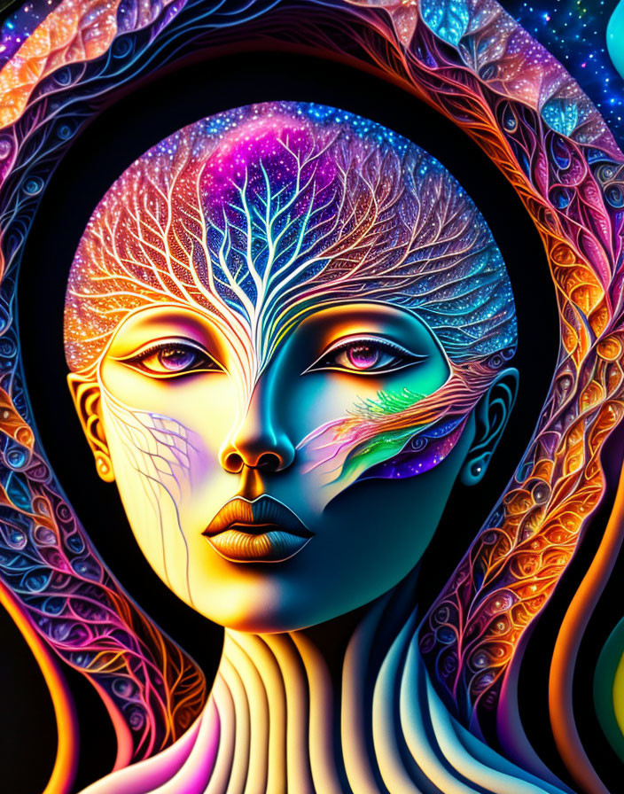 Colorful Woman Artwork with Cosmic and Nature Themes