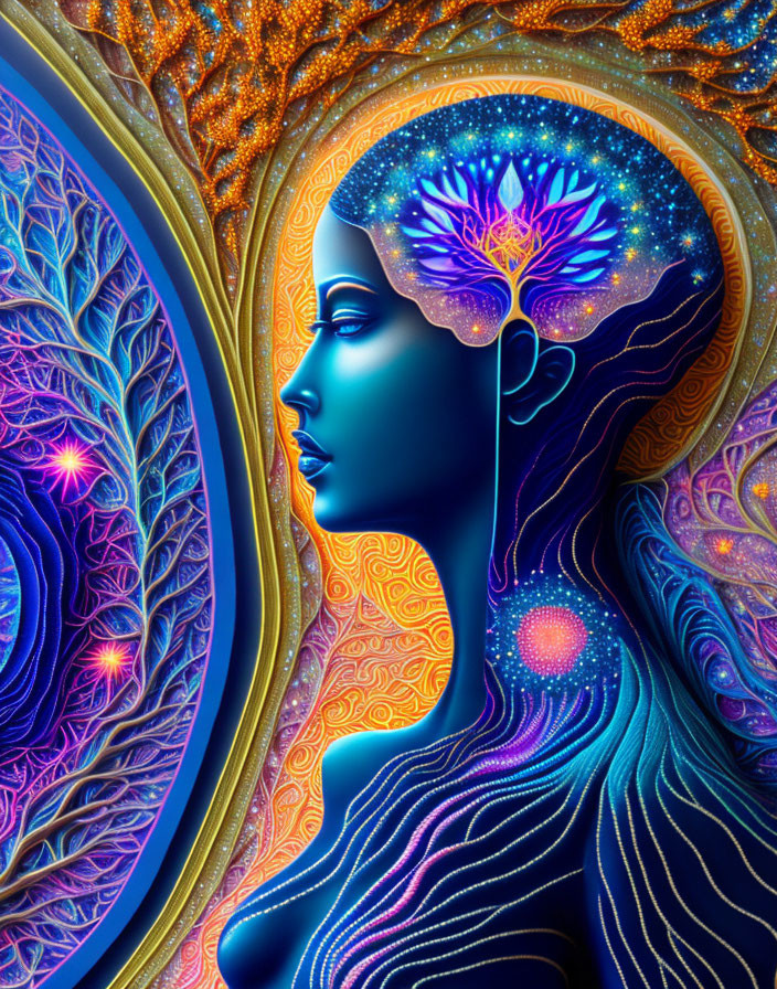 Digital Art: Woman Profile with Tree of Life and Cosmic Elements