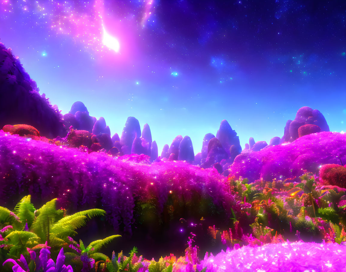 Fantasy landscape with purple flora, starry sky, celestial body, and rocky outcrops