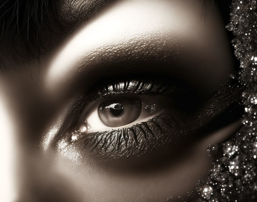 Detailed Close-Up of Eye with Dramatic Black Makeup and Glitter