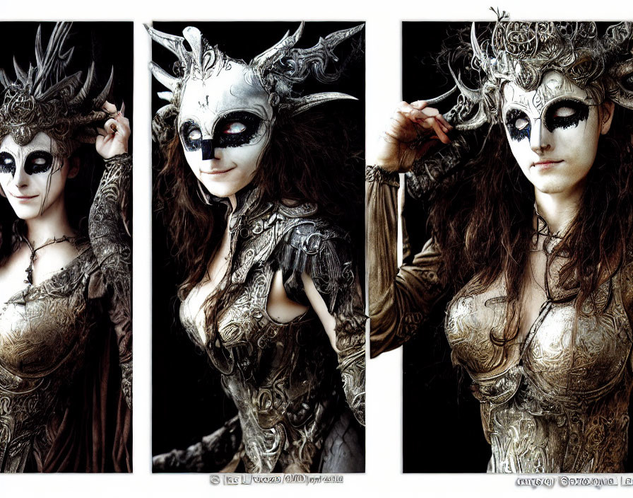 Person in Dark Fantasy Costume with Antlered Mask and Ornate Armor poses against Black Background