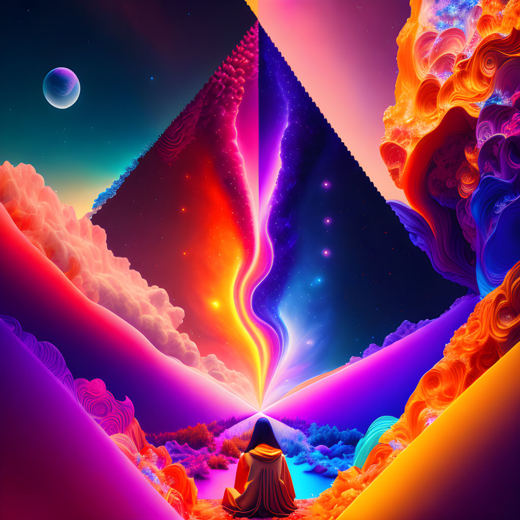 Vibrant surreal landscape with swirling clouds and starry sky