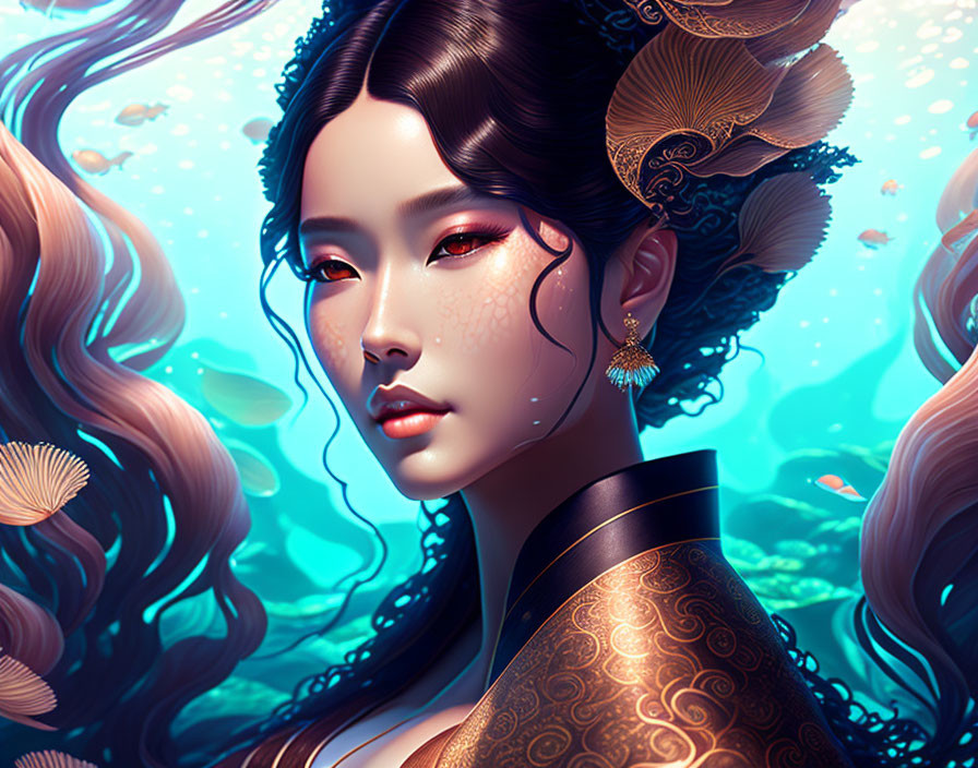 Illustrated portrait of woman in traditional attire with flowing hair and gold accessories in underwater setting