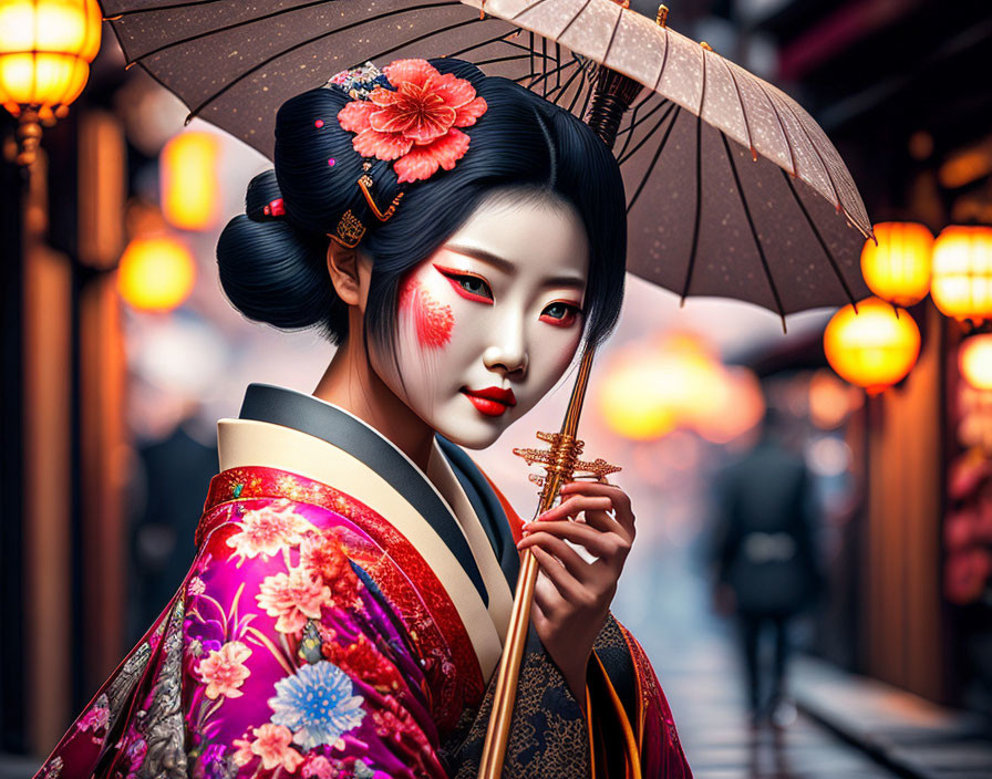 Traditional Japanese Geisha in Kimono with Parasol and Vibrant Floral Patterns