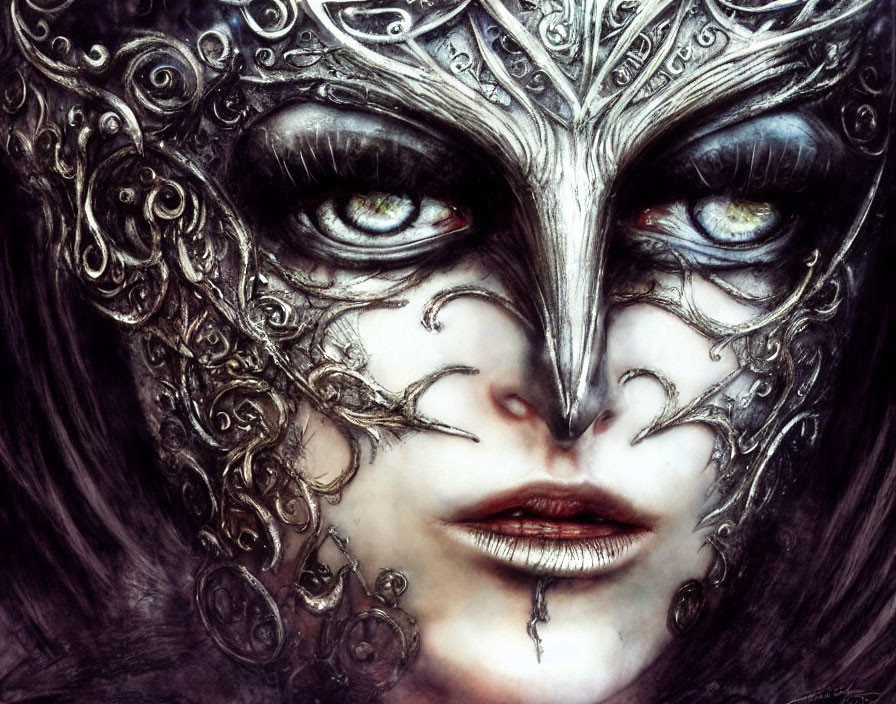 Intricate silver mask with swirling patterns and green eyes.