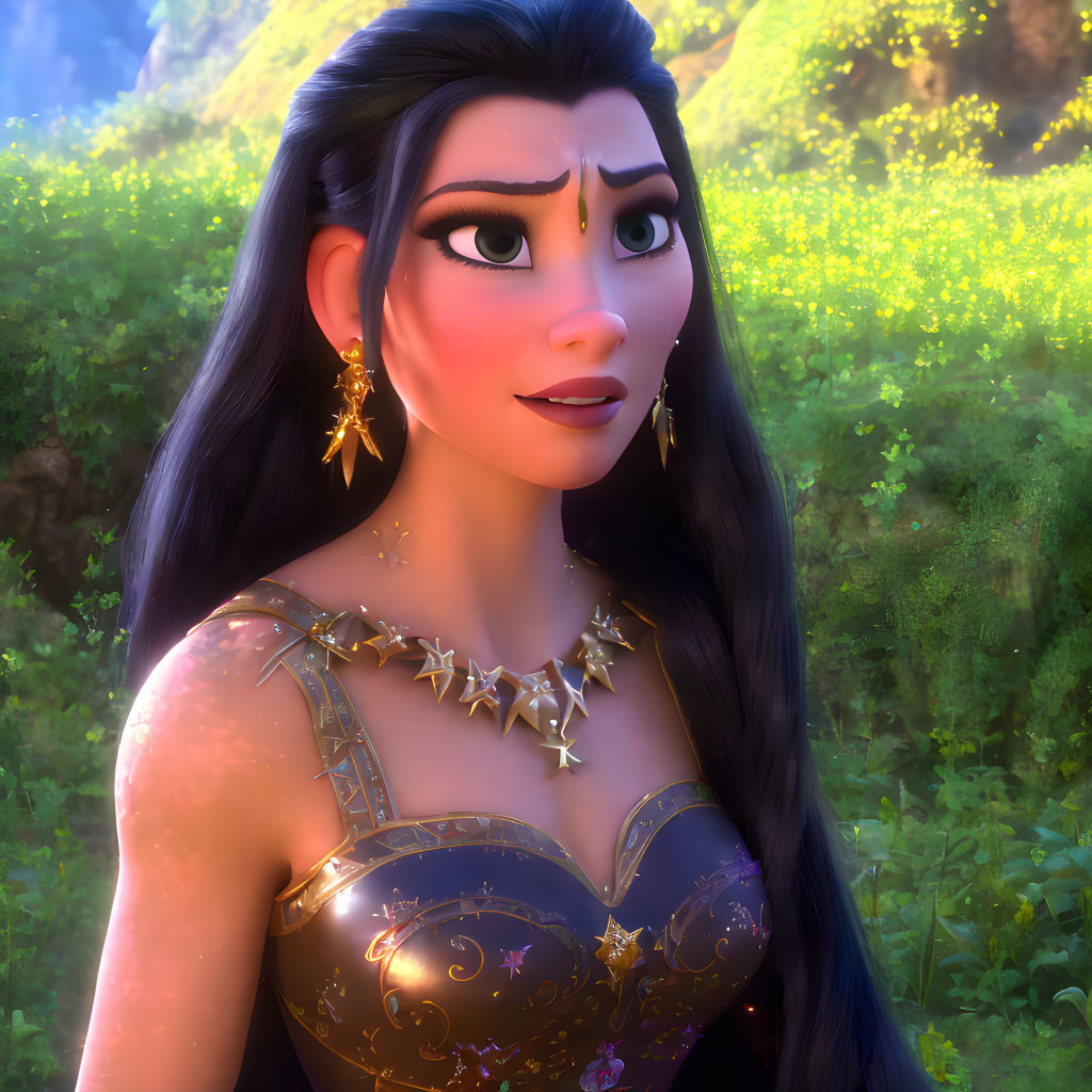 Long-haired animated character in purple dress with golden jewelry in floral setting