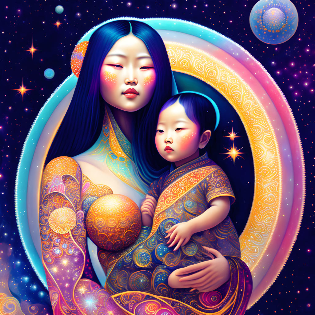 Asian woman and child in cosmic attire under crescent moon and stars.