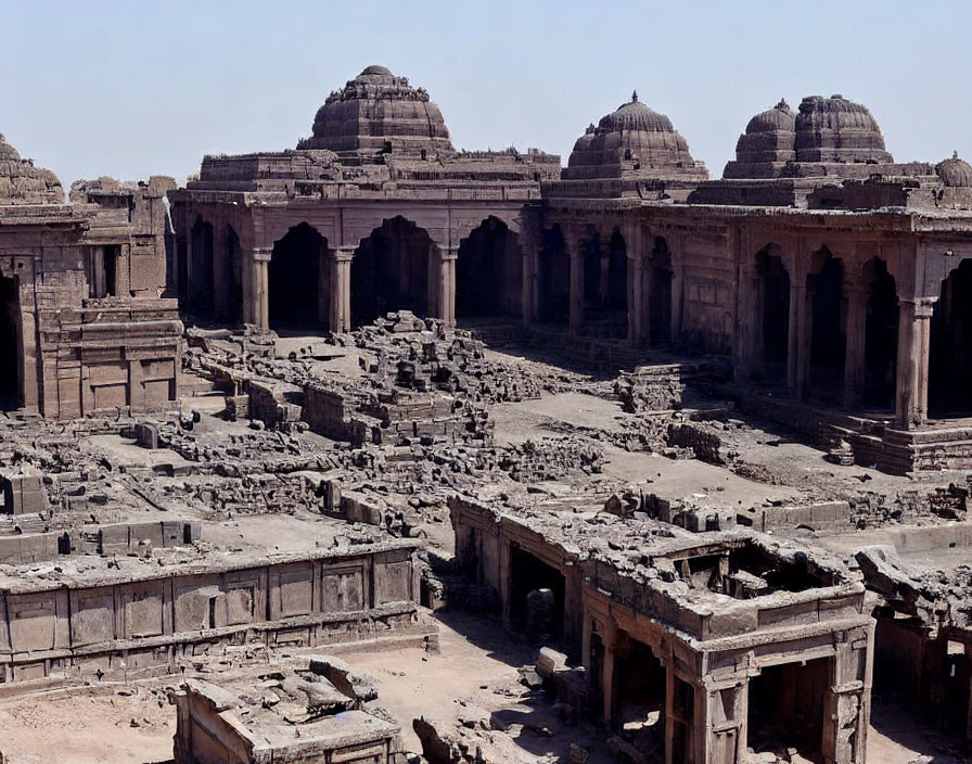 Ancient ruins with dome structures and collapsed walls in a historical site.