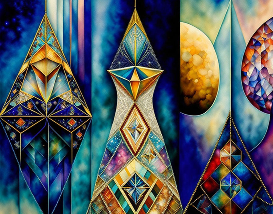 Vivid geometric triptych with celestial and crystalline motifs