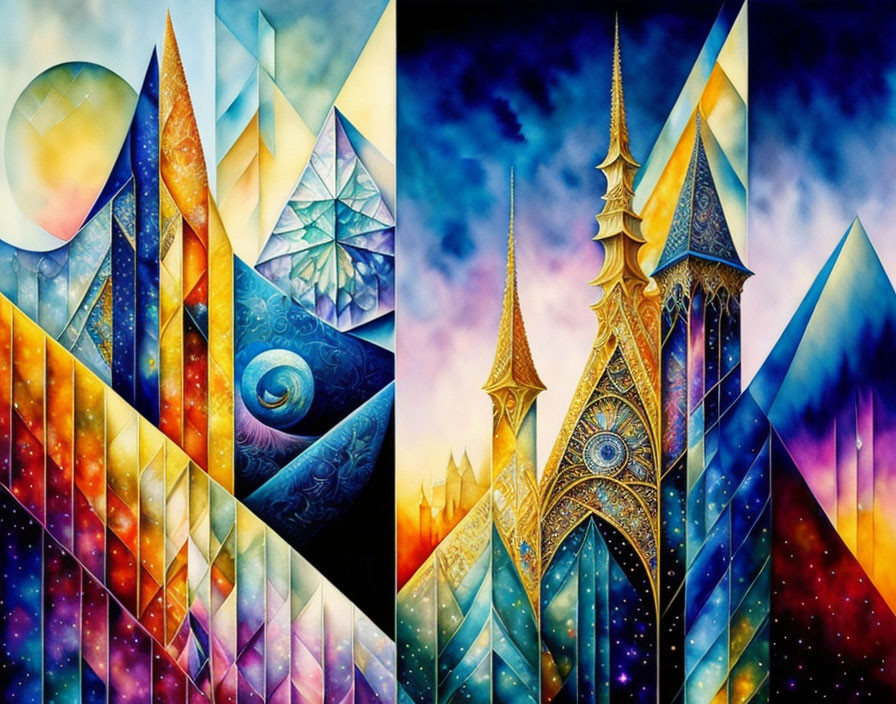 Vivid Abstract Landscape with Whimsical Architecture & Cosmic Elements