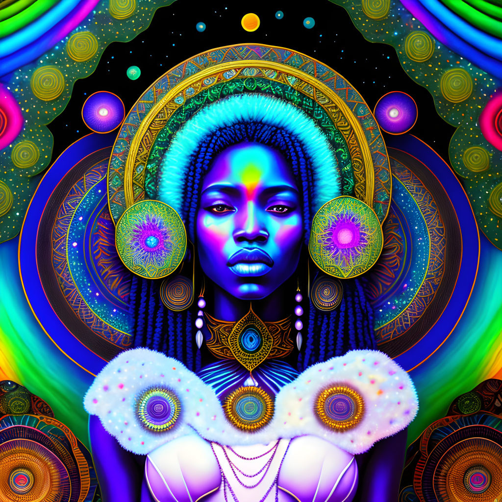 Colorful Psychedelic Portrait of Woman with Blue Skin and Traditional Adornments on Mandala Background