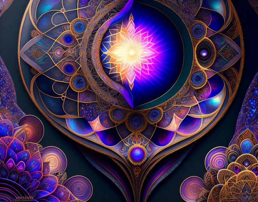 Symmetrical cosmic flower digital artwork with ornate patterns