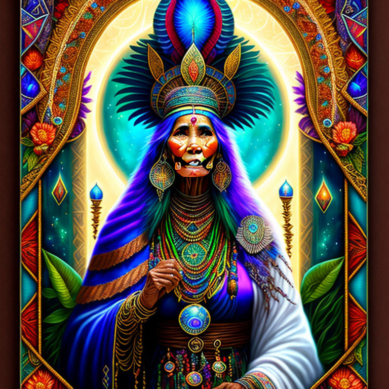 Colorful tribal figure in ornate attire with intricate patterns and feathers against symmetrical backdrop