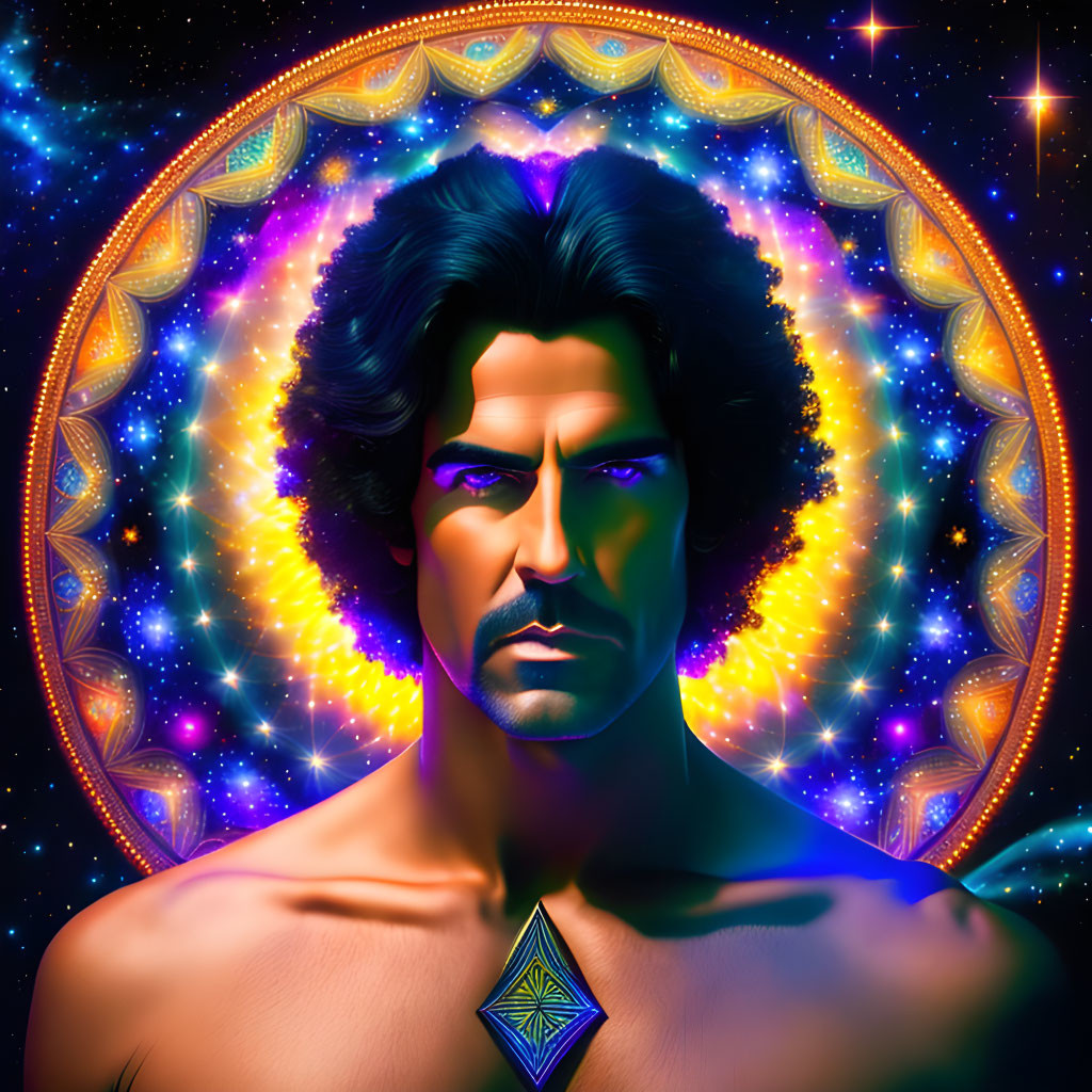 Colorful male figure in cosmic setting with intricate patterns