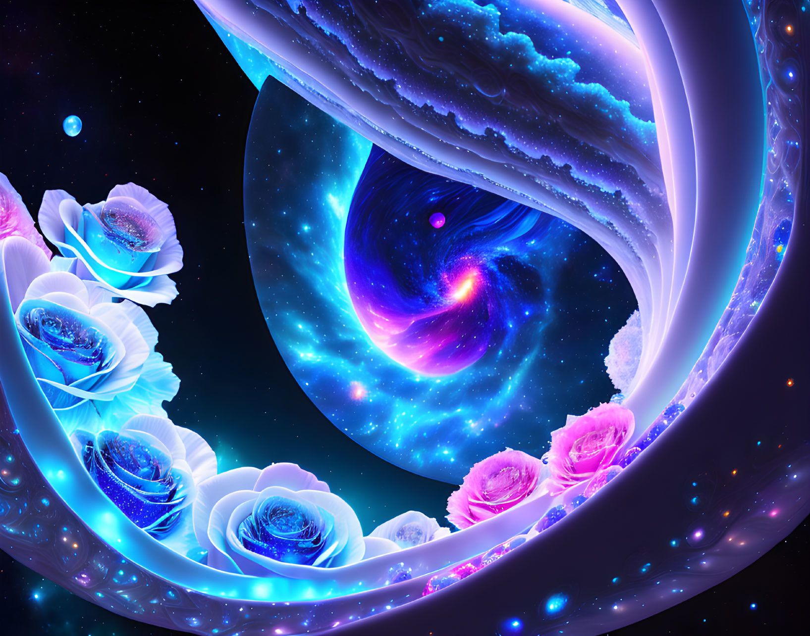 Colorful digital artwork: cosmic galaxies, glowing flowers, stars on blue backdrop