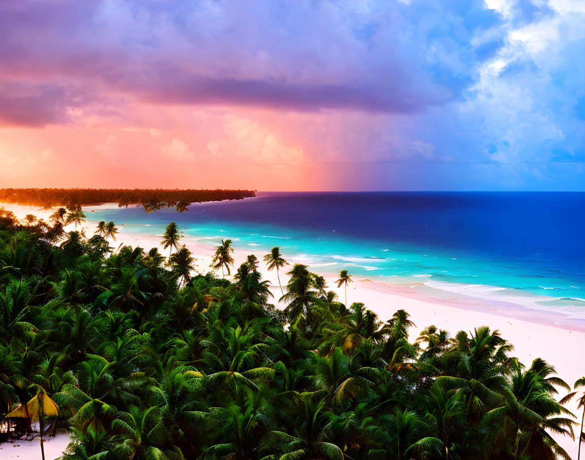 Tropical Beach Scene with Palm Trees and Sunset Sky