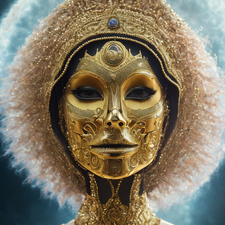 Ornate Gold Mask with Third Eye Motif and Halo of Fluffy Material