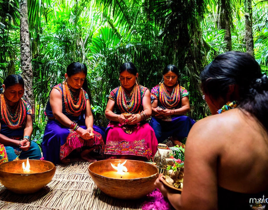 Four Women in Traditional Attire Performing Ritual in Tropical Forest Circle