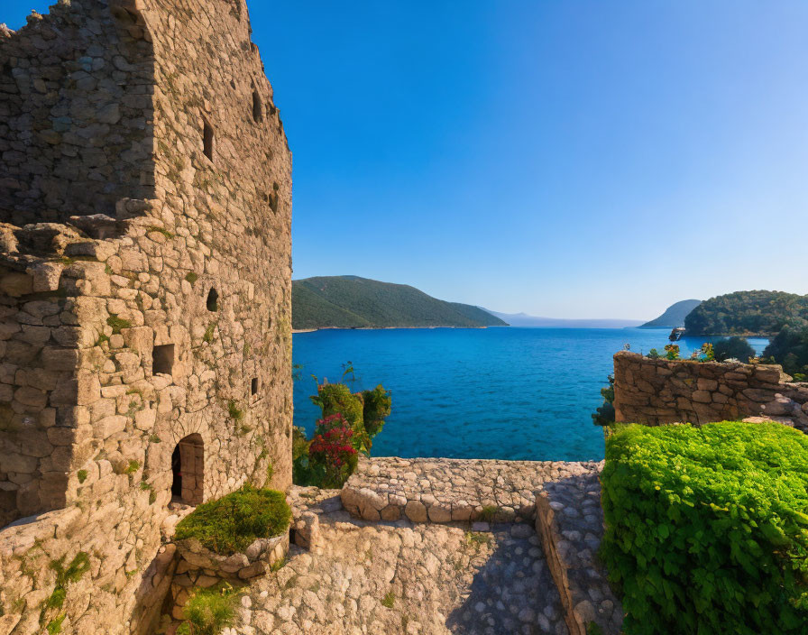 Ancient stone ruins overlooking vibrant blue sea and lush greenery