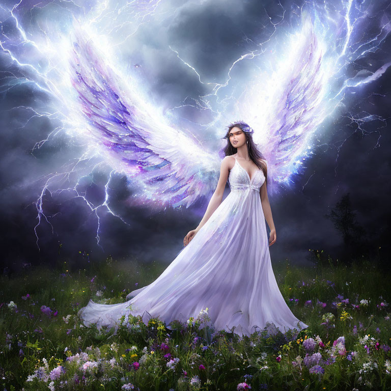 Ethereal woman with glowing wings in stormy meadow