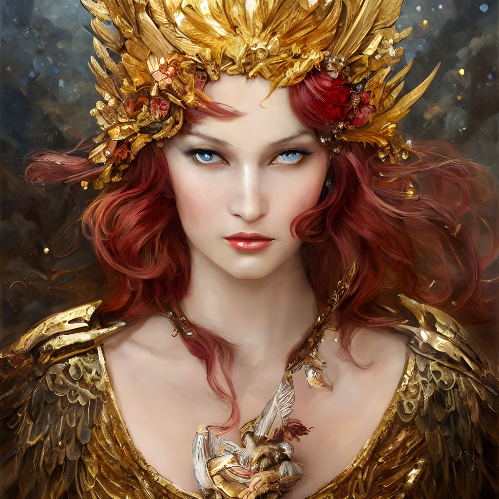 Red-Haired Woman with Gold Leaf Crown and Winged Shoulder Armor