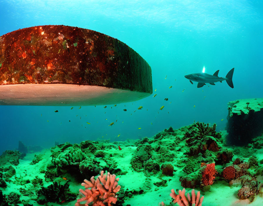 Vibrant underwater scene with shark, reef, and coral fish