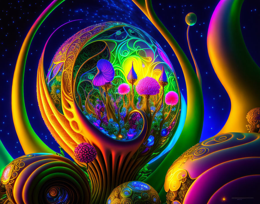 Colorful Psychedelic Fantasy Landscape with Swirling Patterns and Cosmic Elements