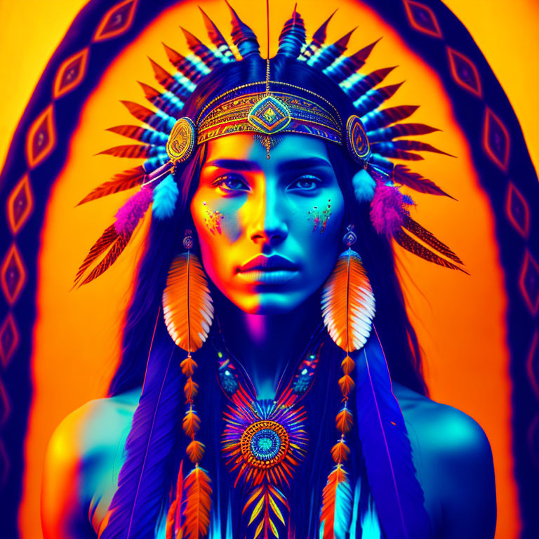 Colorful Portrait of Person in Native American Headdress