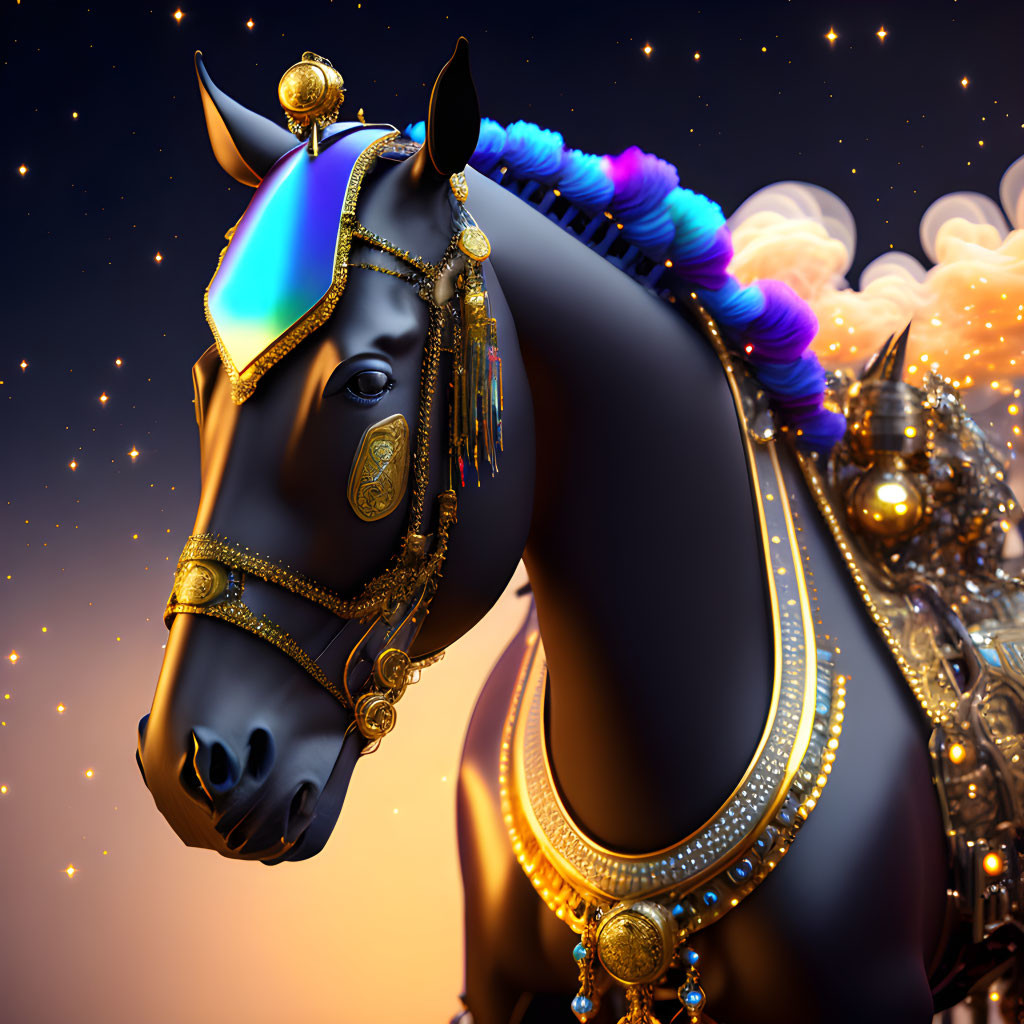 Adorned horse with golden jewelry and colorful mane in starry setting