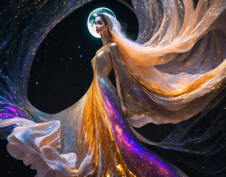 Luminous figure in flowing gown merges with cosmic swirls