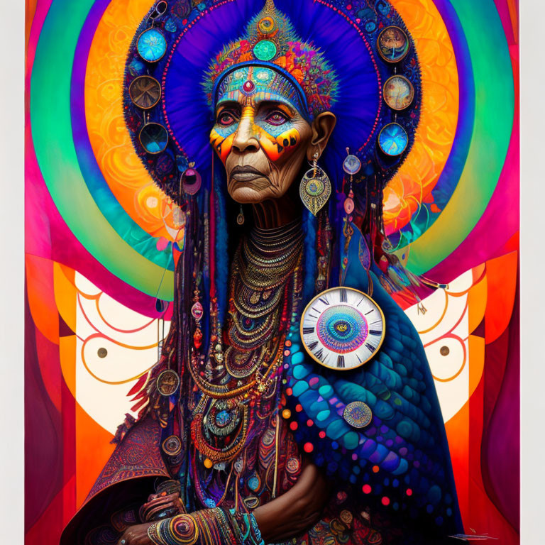 Colorful portrait of figure with ornate jewelry and headdress on psychedelic background.