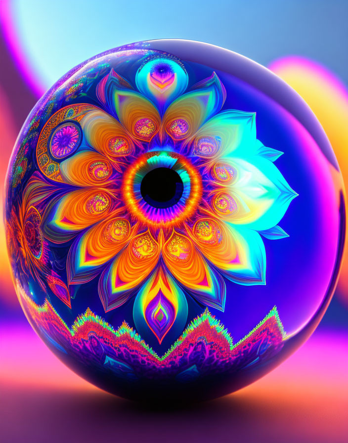 Colorful Fractal Sphere with Neon Patterns on Multicolored Background