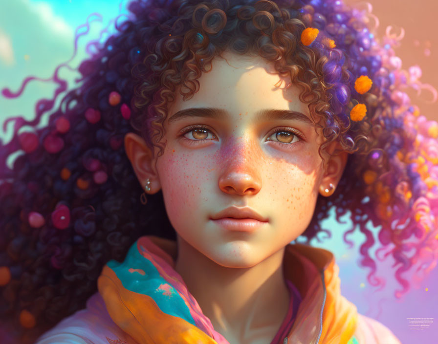 Young girl with curly hair and floral adornments in digital portrait.