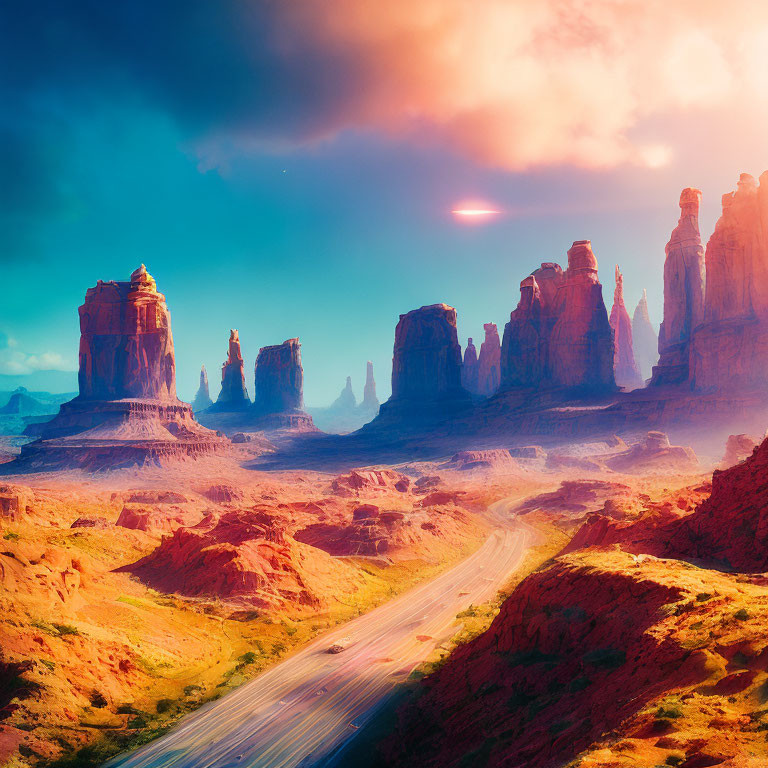 Vivid landscape with red rock formations and UFO in dramatic sky