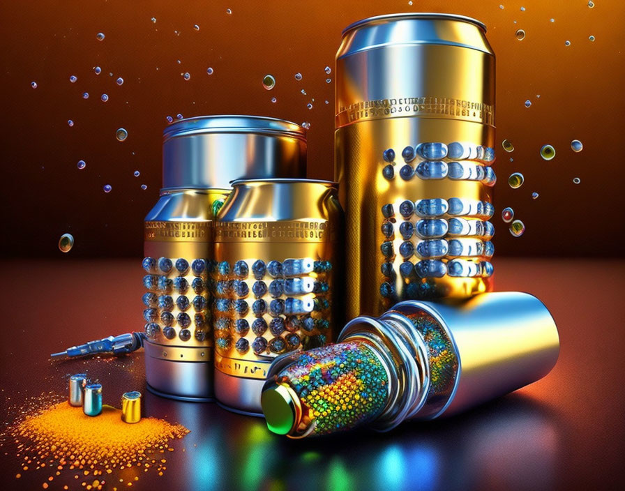 Colorful Cylindrical Containers with Beads, Syringe, and Capsules on Reflective Surface