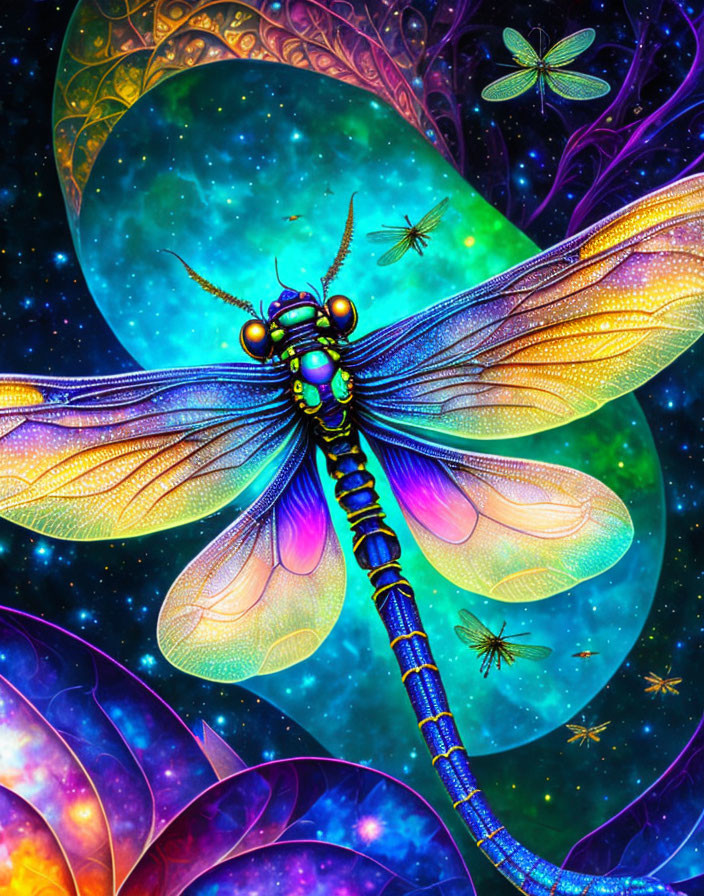 Colorful Dragonfly Art in Cosmic Setting with Celestial Motifs