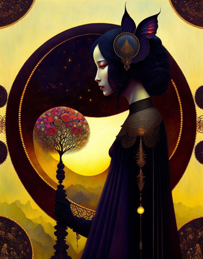 Surrealist illustration of woman with ornate hair and celestial background