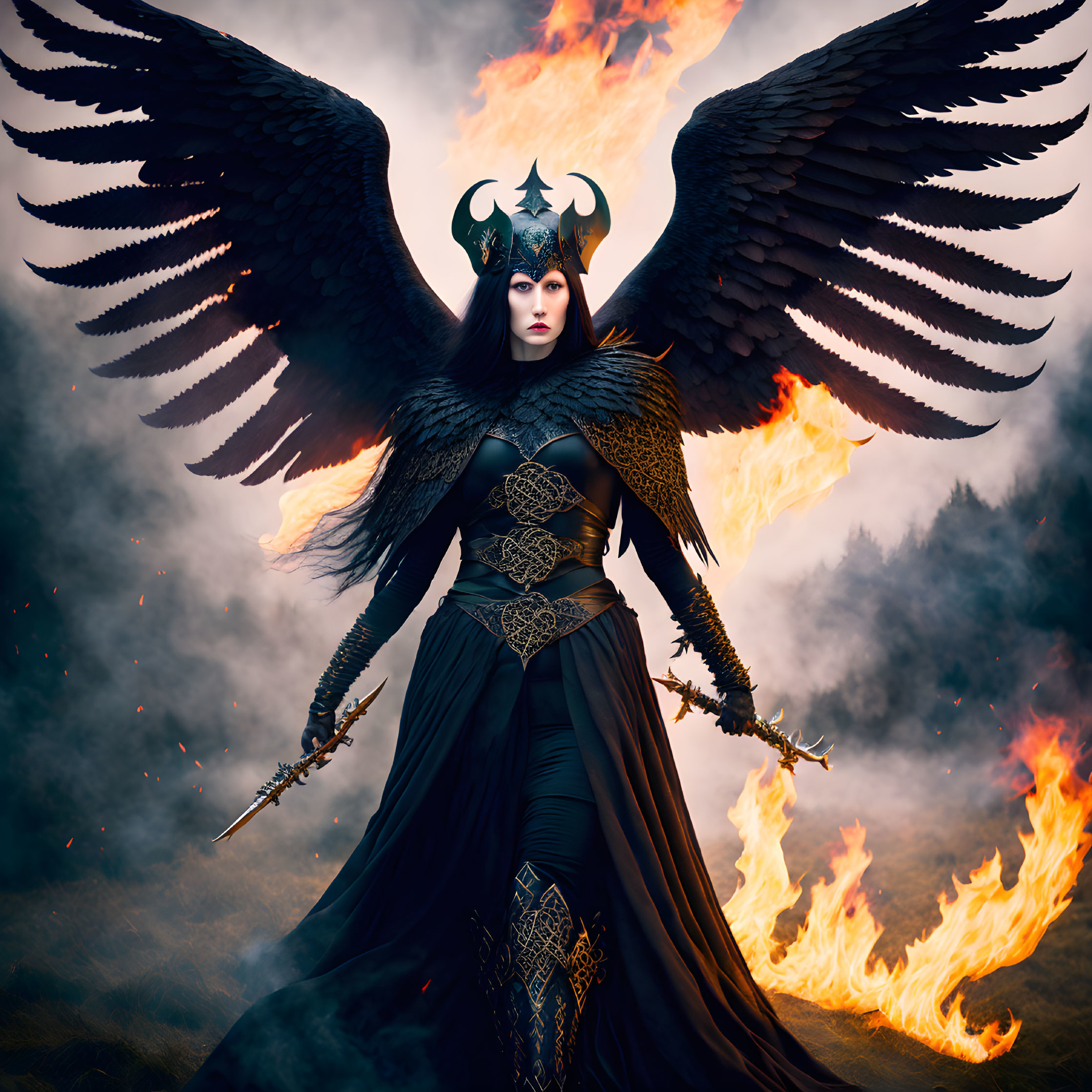 Majestic figure with black wings and sword in flames - Dark fantasy theme