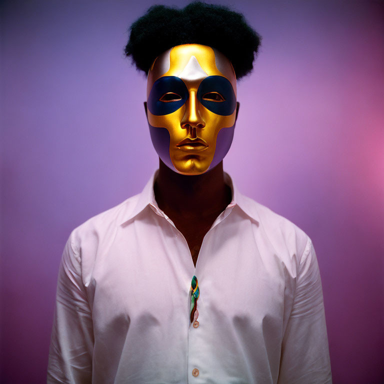 Person in Golden Mask on Purple Background with White Shirt