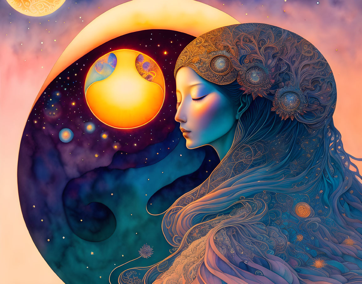 Colorful cosmic woman illustration with ornate headgear and celestial backdrop