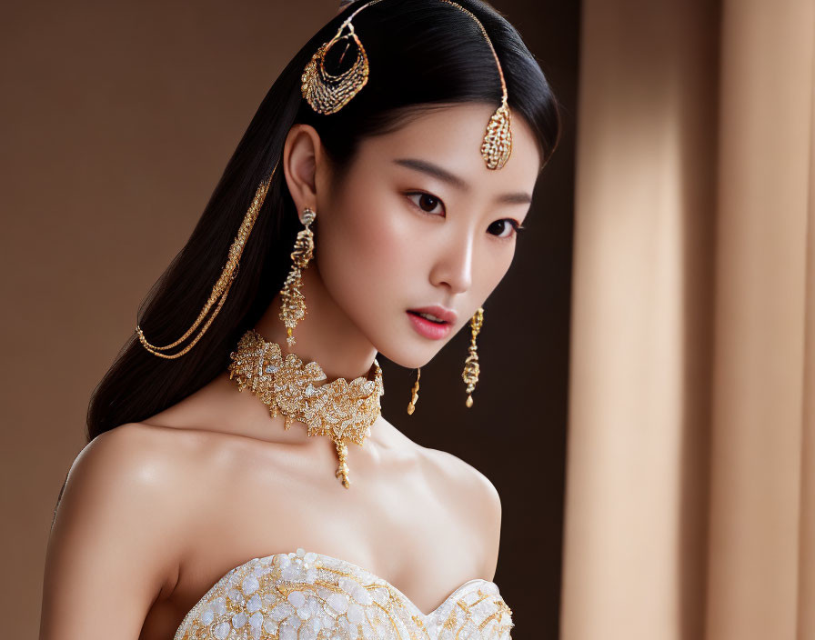 Elegant woman with striking makeup in gold jewelry and beaded gown