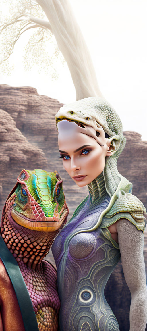 Colorful Humanoid Female and Reptilian Creature Artwork with Rock and Tree Background