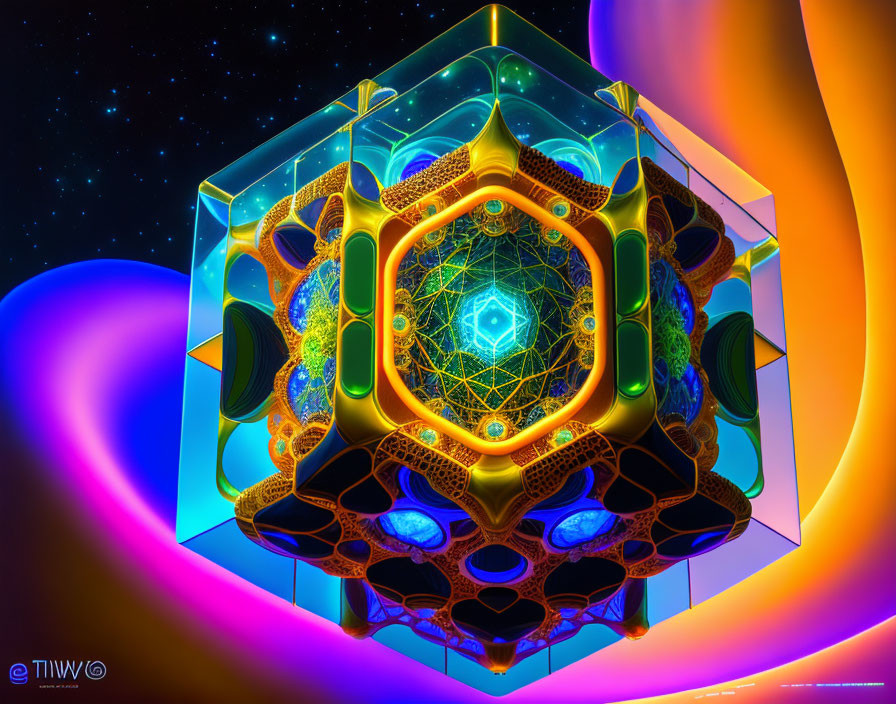 Symmetrical geometric digital art with neon colors on cosmic backdrop