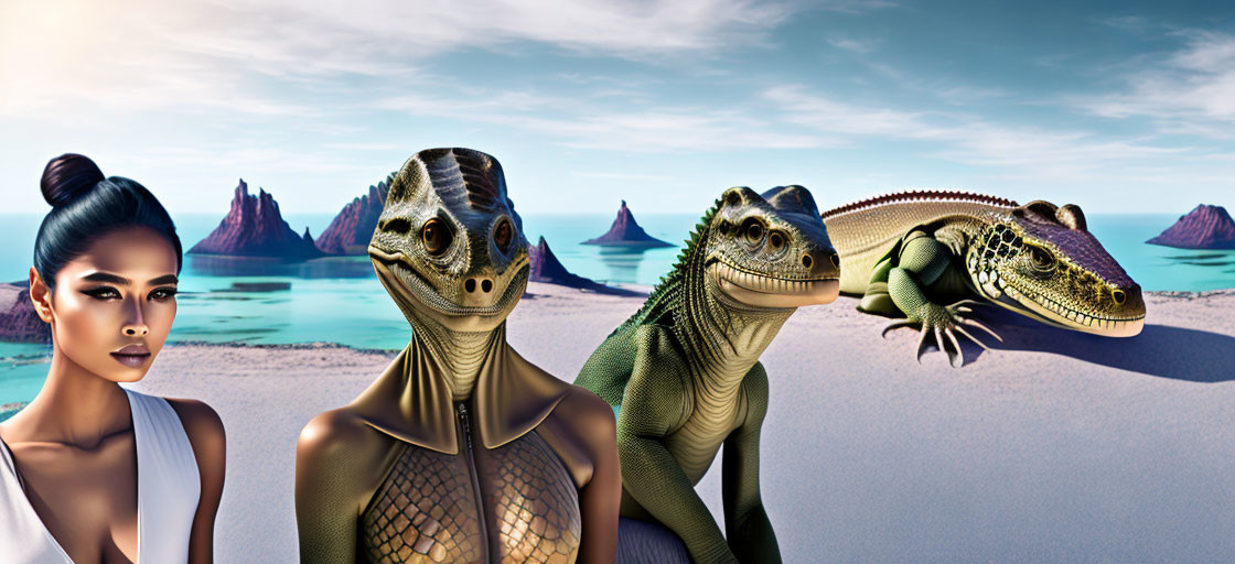 Digital art: Human woman with reptilian features and dinosaurs on sandy beach